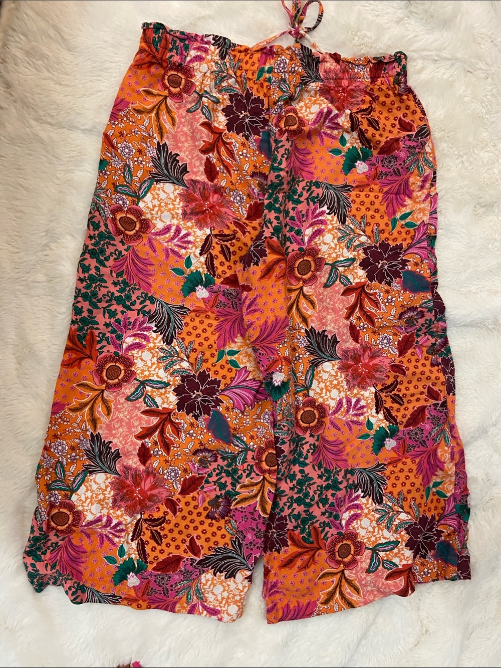 Loft Boho Floral Linen Blend Wide-Leg Pants — Orange & Pink Patchwork - Picture 7 of 7